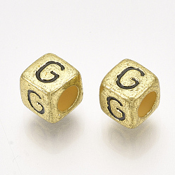 Letter G Acrylic Beads, Horizontal Hole, Metallic Plated, Cube with Letter.G, 6x6x6mm, 2600pcs/500g
