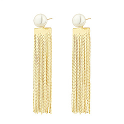 Oro Latón cuelgan aretes, pendientes de la borla, con cuentas de perlas de imitación, dorado, colgantes: 65x14.5 mm