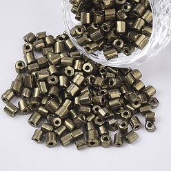 Dark Khaki 6/0 Two Cut Glass Seed Beads, Hexagon, Metallic Colours, Dark Khaki, 3.5~5x3.5~4mm, Hole: 1mm, about 4500pcs/bag