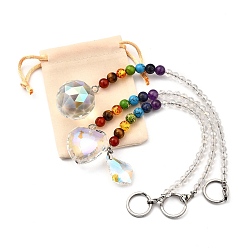 Colorful Chakra Crystal Suncatcher Dowsing Pendulum Pendants, with 304 Stainless Steel Split Key Rings, Glass and Gemstone Beads, Velvet Bag, Leaf & Heart & Ball Shape, Stainless Steel Color, Colorful, 24.5cm, 25cm, 25.5cm, 3pcs/set