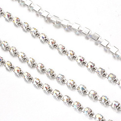 Crystal AB Brass Rhinestone Strass Chains, with Spool, Rhinestone Cup Chains, Silver Color Plated, Crystal AB, 2.3~2.4mm, about 10yards/roll
