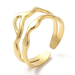 Chapado en Oro Real de 14K 304 anillo de puño abierto de onda hueca de acero inoxidable para mujer, real 14 k chapado en oro, diámetro interior: 17 mm