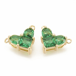 Green Brass Cubic Zirconia Charms, Nickel Free, Real 18K Gold Plated, Heart, Green, 9.5x12x4.5mm, Hole: 1mm