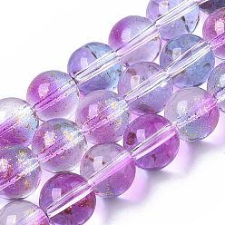 Púrpura Media Aerosol pintado hebras de perlas de vidrio transparente, con la hoja de oro, rondo, púrpura medio, 10~11 mm, agujero: 1.4~1.6 mm, sobre 39~42 unidades / cadena, 14.84 pulgada ~ 15.27 pulgada (37.7~38.8 cm)