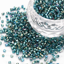 Verde azulado Abalorios de vidrio canutillos, arcoiris de colores plateados, cerceta, 2.5~3x2 mm, agujero: 0.9 mm, sobre 15000 unidades / libra