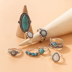 Antique Silver 8Pcs 8 Styles Retro Alloy Finger Rings, with Turquoise and Resin, Bohemia Style Rings for Women, Antique Silver, Inner Diameter: 16~18mm
