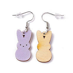 Plum Rabbit Wooden Dangle Earrings, Platinum Tone Iron Earring with Ear Nut for Women, Plum, 52mm, Pin: 0.7mm, Pendant: 31x14.5x2.7mm