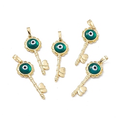 Teal Handmade Evil Eye Lampwork Pendants, with Rack Plating Real 18K Gold Plated Brass Findings, Long-Lasting Plated, Flower Key with Heart, Teal, 33x12x3.5mm, Hole: 4x7mm
