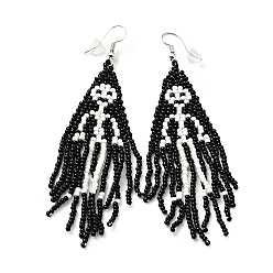 Black Glass Seed Braided Skeleton Chandelier Earrings, Chain Tassel Alloy Halloween Earrings for Women, Black & White, 92mm, Pin: 0.6mm