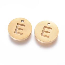 Letter E Ion Plating(IP) 304 Stainless Steel Charms, Flat Round with Letter, Golden, Letter.E, 10x1.5mm, Hole: 1mm