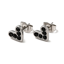 Jet Heart 304 Stainless Steel Rhinestone Stud Earrings, 316 Surgical Stainless Steel Pin Ear Studs, with Ear Nuts, Stainless Steel Color, Jet, 7x8.5mm, Pin: 0.7mm