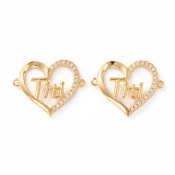 Real 18K Gold Plated Brass Micro Pave Clear Cubic Zirconia Links, Long-Lasting Plated, Heart with Word Titi, Real 18K Gold Plated, 19x23x3mm, Hole: 1.2mm