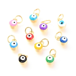 Mixed Color Brass Enamel Pendants, Long-Lasting Plated, Real 18K Gold Plated, with Jump Rings, Column with Evil Eye, Mixed Color, 7x3.5x4.5mm,Jump Ring: 5x0.6mm, 3mm inner diameter.