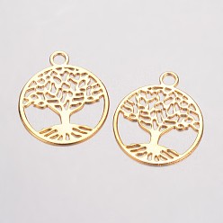 Golden Brass Filigree Pendants, Flat Round with Tree of Life, Golden, 23.5x20x0.5mm, Hole: 3mm