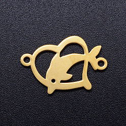 Golden 201 Stainless Steel Links connectors, Heart with Dolphin, Golden, 12x18x1mm, Hole: 1.2mm