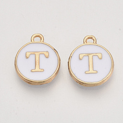 Letter T Golden Plated Enamel Alloy Charms, Enamelled Sequins, Flat Round, White, Letter.T, 14x12x2mm, Hole: 1.5mm, 100pcs/Box