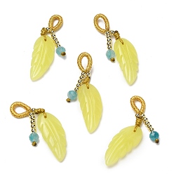 Real 14K Gold Plated Natural Lemon Jade Pendants, Leaf Charms with Faceted Natural Stone and Brass Beads, Real 14K Gold Plated, 37mm