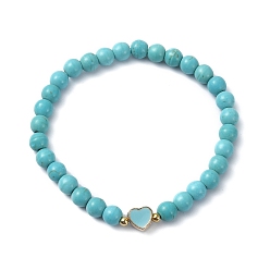 Synthetic Turquoise Synthetic Turquoise Round Beaded Stretch Bracelets, Alloy Enamel Heart Bracelet for Women, Inner Diameter: 2-1/8 inch(5.4cm)