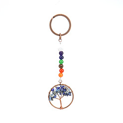 Lapis Lazuli Flat Round with Tree of Life Natural Lapis Lazuli Chips Keychains, with Chakra Round Gemstone and Brass Findings, for Car Backpack Pendant Accessories, 10.5cm