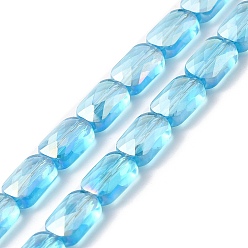 Light Sky Blue Transparent Electroplate Glass Beads Strands, Rainbow Plated, Faceted, Rectangle, Light Sky Blue, 9x6x4mm, Hole: 1.2mm, about 72pcs/strand, 25.98''(66cm)