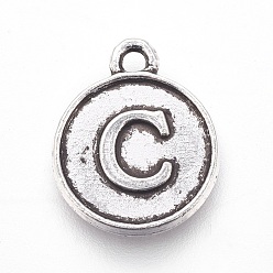 Letter C Tibetan Style Alloy Charms, Flat Round with Letter, Antique Silver, Letter.T, 15x12.5x2mm, Hole: 1.5mm