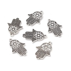Antique Silver Tibetan Style Alloy Pendants, Hamsa Hand/Hand of Miriam with Star of David, Antique Silver, 28.5x19.5x2mm, Hole: 1.6mm