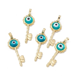 Dark Turquoise Handmade Evil Eye Lampwork Pendants, with Rack Plating Real 18K Gold Plated Brass Findings, Long-Lasting Plated, Flower Key with Heart, Dark Turquoise, 33x12x3.5mm, Hole: 4x7mm