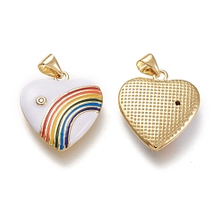 White Brass Micro Pave Cubic Zirconia Pendants, with Enamel, Real 18K Gold Plated, Heart & Rainbow, White, 21x18.5x3.5mm, Hole: 3.5x5mm