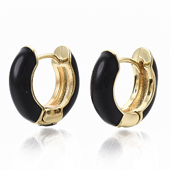 Black Brass Huggie Hoop Earrings, with Enamel, Real 18K Gold Plated, Black, 14x15x5mm, Pin: 1x1mm