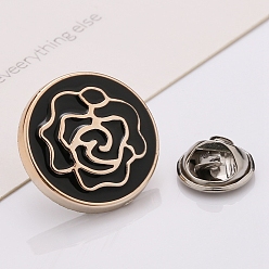 Black Plastic Brooch, Alloy Pin, with Enamel, for Garment Accessories, Round with Rose, Black, 18mm