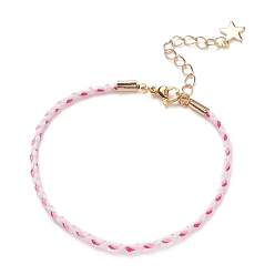 Pink Bracelets de cordon tressé en coton, avec des breloques étoiles en acier inoxydable 304 plaquées or et des fermoirs à pince de homard, rose, 7-5/8 pouce (19.3 cm), 2.5mm