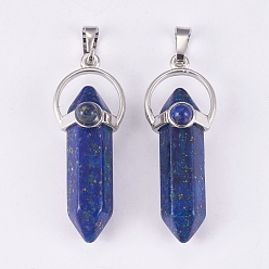 Lapis Lazuli Pendentifs pointus en lapis lazuli naturel à double terminaison, avec les accessoires en laiton, balle, platine, teint, 38.5~40.5x14.5x13mm, Trou: 4x8mm