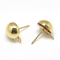 Real 18K Gold Plated Brass Stud Earring Findings, with Loop, Half Round, Real 18K Gold Plated, 13x10mm, Hole: 1mm, Pin: 0.8mm
