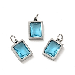 Dark Turquoise 304 Stainless Steel Pendants, with Cubic Zirconia and Jump Rings, Single Stone Charms, Rectangle, Stainless Steel Color, Dark Turquoise, 11.5x8x3.5mm, Hole: 3.6mm