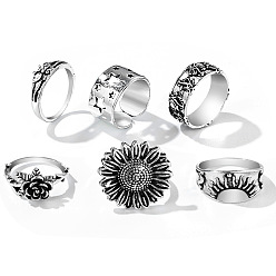 Plata Antigua 6 piezas 6 estilos anillos de dedo de aleación floral retro, anillos estilo bohemia para mujer, plata antigua, diámetro interior: 16.9~18.9 mm