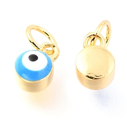 Blue Brass Enamel Pendants, Long-Lasting Plated, Real 18K Gold Plated, with Jump Rings, Column with Evil Eye, Blue, 7x3.5x4.5mm,Jump Ring: 5x0.6mm, 3mm inner diameter.