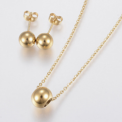 Golden 304 Stainless Steel Jewelry Sets, Pendant Necklaces and Stud Earrings, Round, Golden, 17.71 inch(45cm), 19x8mm, Pin: 0.8mm