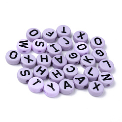 Lavender Opaque Acrylic Beads, Horizontal Hole, Flat Round with Black Random Letters, Lavender, 10x4.5mm, Hole: 2mm, about 1600pcs/500g