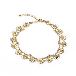Golden Enamel Daisy Flower Link & Satellite Chains Double Layer Multi-strand Bracelet, Ion Plating(IP) 304 Stainless Steel Jewelry for Women, Golden, 9 inch(22.7cm)