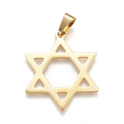 Golden Religion Theme 304 Stainless Steel Pendants, Large Hole Pendants, for Jewish, Star of David, Golden, 38x30x1mm, Hole: 9mm