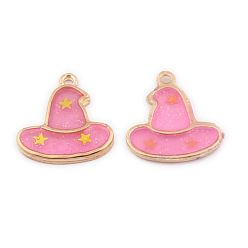 Hot Pink Halloween Theme Alloy Enamel Pendants, with Glitter Powder, Hat Charms, Hot Pink, 20x16mm