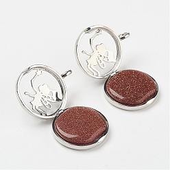 Goldstone Synthetic Goldstone Pendants, with Brass Diffuser Locket Findings, Flat Round with Angel, 31x26x8mm, Hole: 4mm