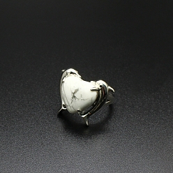 Howlita Anillos ajustables de corazón de howlita natural, anillo de latón platino, tamaño de EE. UU. 8 (18.1 mm)