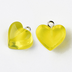 Yellow Transparent Resin Pendants, with Platinum Tone Iron Loop, Heart, Yellow, 16.5x17x9.5mm, Hole: 1.8mm