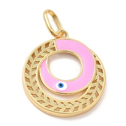 Pearl Pink Brass Pendants, with Enamel, Real 18K Gold Plated, Long-Lasting Plated, Round Ring with Evil Eye Charm, Pearl Pink, 36.5x32.5x3.5mm, Hole: 11x7.5mm