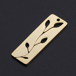 Golden 201 Stainless Steel Pendants, Rectangle with Leaf, Golden, 28x9x1mm, Hole: 1.4mm
