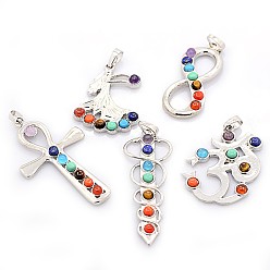 Mixed Stone Vintage Chakra Jewelry Brass Natural & Synthetic Mixed Stone Pendants, Mixed Style, Platinum, 37~70x18~34x4~5mm, Hole: 5x8mm