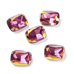 Rose Light AB Style Glass Cabochons, Pointed Back & Back Plated, Faceted, Rectangle Octagon, Rose, 8x6x3mm