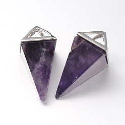 Amethyst Natural Amethyst Point Pendulum Pendants, with Platinum Plated Brass Findings, 30~34x15x15mm, Hole: 5x6mm