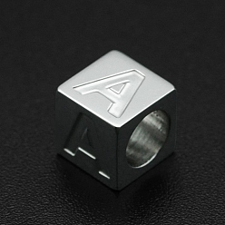 Letter A 201 Stainless Steel European Beads, Large Hole Beads, Horizontal Hole, Cube, Stainless Steel Color, Letter.A, 7x7x7mm, Hole: 5mm